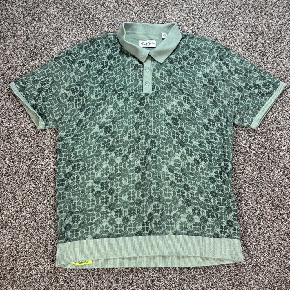Robert Graham Mens 2XL Green Floral Geometric Knit Cotton Polo Shirt Classic Fit